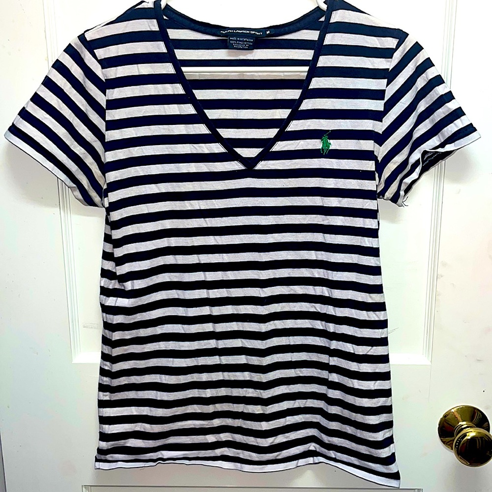 Ralph Lauren sport short sleeve Vneck blue and white stripes size medium used